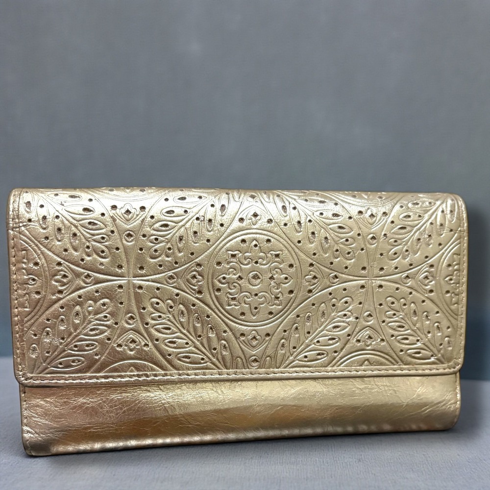 Rolfs Metallic Gold Embossed Leather Tri-Fold Wallet Floral Pattern Organizer